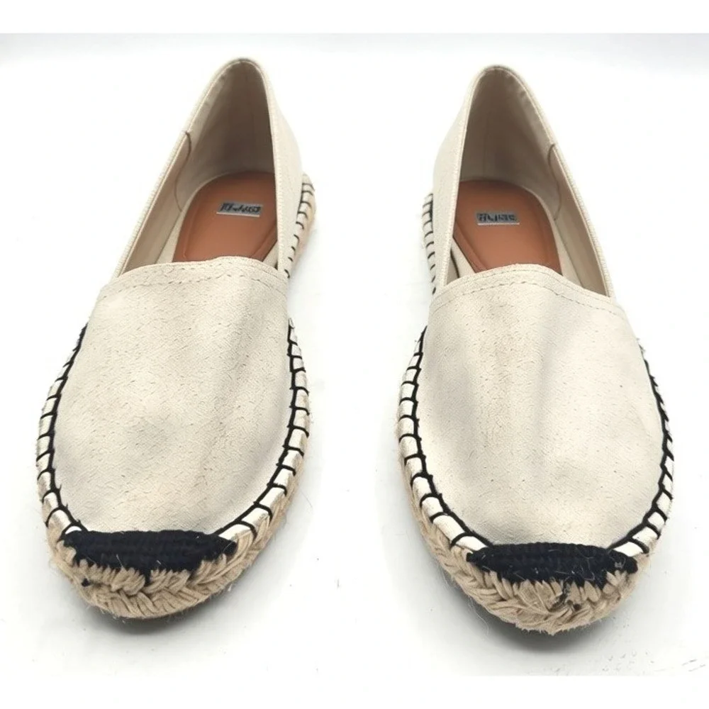 Bata Womens Cream Suede Espadrille Flats Spain Black Stitching Size 40 US 9